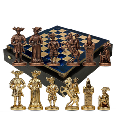 S12CBLU Manopoulos Medieval Knights chess set with bronze-gold chessmen/Blue chessboard 44cm