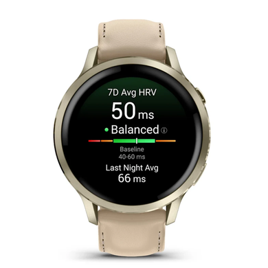 Смарт-годинник Garmin Venu 4 (41 мм) місячне золото із силіконовим ремінцем кольору кістки та шкіряним світло-пісочним ремінцем