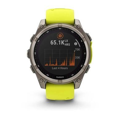 Смарт-годинник Garmin Fenix 8 &ndash; 47 мм, Solar Sapphire, титан з яскраво-жовтим/графітовим силіконовим ремінцем