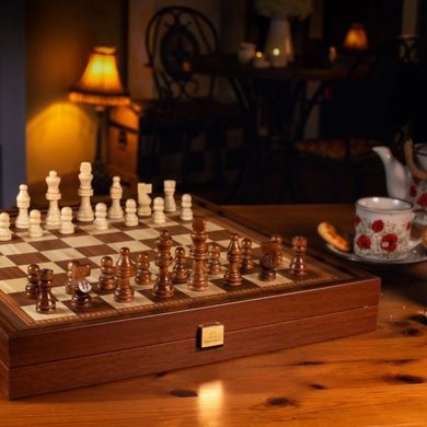 STP36E Manopoulos Backgammon & Chess Olive branch design in Walnut replica wood case 41x41cm