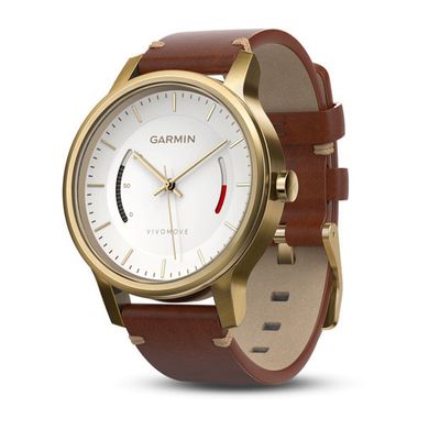 Смарт-годинник Garmin Vivomove Premium зі сталевим корпусом і коричневим шкіряним ремінцем, золотистий