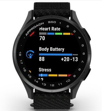 Смарт-годинник Garmin Approach S50 з алюмінієвим безелем сланцевого кольору та чорним нейлоновим ремінцем ComfortFit