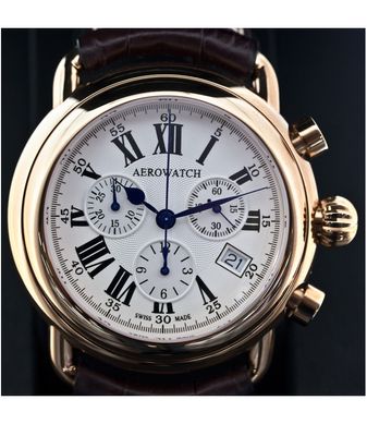 Часы-хронограф наручные мужские Aerowatch 83926 RO01 кварцевые, с датой, розовая позолота PVD, кожаный ремешок