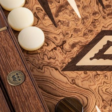 BJJ1Manopoulos Handmade Inlaid Backgammon Walnut burl with Wenge & Oak points - Side Racks