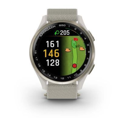 Смарт-годинник Garmin Approach S50 з алюмінієвим безелем кольору кремового золота з нейлоновим ремінцем ComfortFit кольору слонової кістки