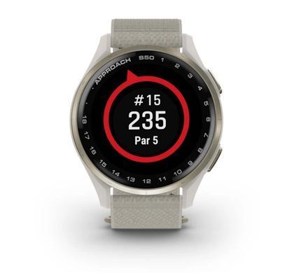 Смарт-годинник Garmin Approach S50 з алюмінієвим безелем кольору кремового золота з нейлоновим ремінцем ComfortFit кольору слонової кістки