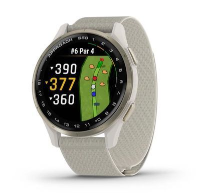Смарт-годинник Garmin Approach S50 з алюмінієвим безелем кольору кремового золота з нейлоновим ремінцем ComfortFit кольору слонової кістки