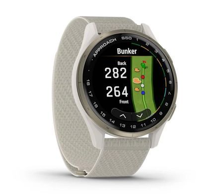 Смарт-годинник Garmin Approach S50 з алюмінієвим безелем кольору кремового золота з нейлоновим ремінцем ComfortFit кольору слонової кістки