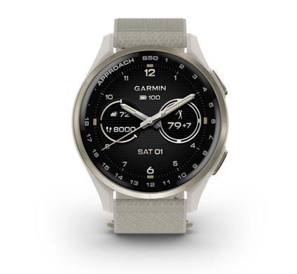 Смарт-годинник Garmin Approach S50 з алюмінієвим безелем кольору кремового золота з нейлоновим ремінцем ComfortFit кольору слонової кістки