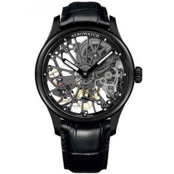 Годинники наручні чоловічі Aerowatch 50981 NO17 механічні, скелетон, чорний ремінець з витисненої шкіри