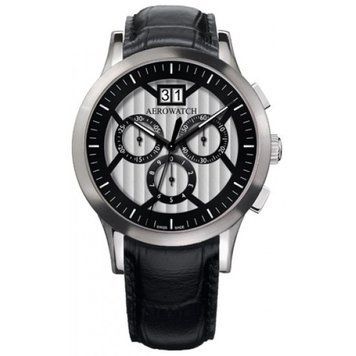 Годинники наручні чоловічі Aerowatch 80966 AA04, кварцовий хронограф і велика дата, чорний шкіряний ремінець