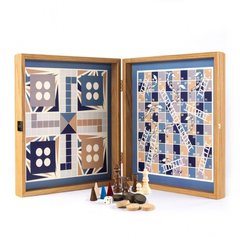 CBLS34BLU Manopoulos Chess/Backgammon/Ludo/Snakes - Navy Blue - Walnut Replica Wooden Case
