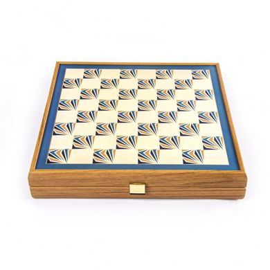 CBLS34BLU Manopoulos Chess/Backgammon/Ludo/Snakes - Navy Blue - Walnut Replica Wooden Case