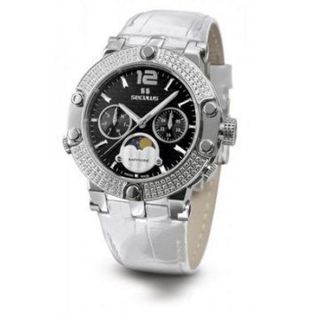 Наручные часы 1690-5-706 black, ss with stones, white leather (Seculus)