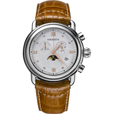 Часы-хронограф наручные женские Aerowatch 84934 AA07, кварц, с бриллиантами и фазой Луны, коричневый ремешок