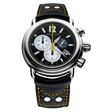 Годинник-хронографія наручні чоловічі Aerowatch 83939 AA04 кварцові, з датою, чорний шкіряний ремінець