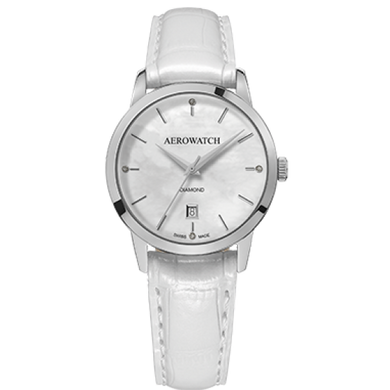 Годинники наручні жіночі Aerowatch 49978 AA03 кварцові з діамантами на білому шкіряному ремінці