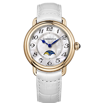 Часы наручные женские Aerowatch 43960 RO02 кварцевые с фазой Луны, ремешок кожаный белый