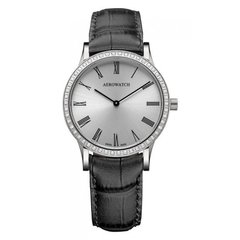 Часы наручные женские Aerowatch 47950 AA02DIA кварцевые, 52 бриллианта, черный кожаный ремешок
