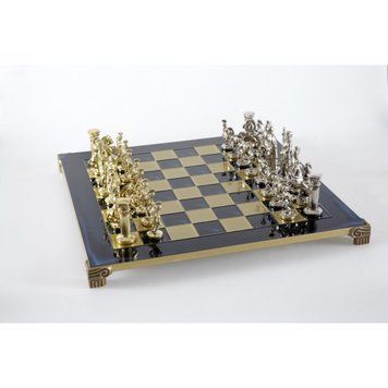 S11BLU Manopoulos Greek Roman Period chess set with gold-silver chessmen/Blue chessboard 44cm