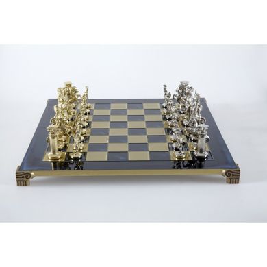 S11BLU Manopoulos Greek Roman Period chess set with gold-silver chessmen/Blue chessboard 44cm