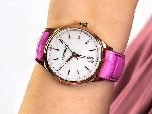 Часы наручные женские Aerowatch 42980 RO03 кварцевые с датой, кожаный розовый ремешок