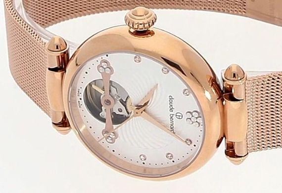 Часы наручные женские Claude Bernard 85022 37RM APR, автоматика с отрытым балансом, розовое покрытие PVD