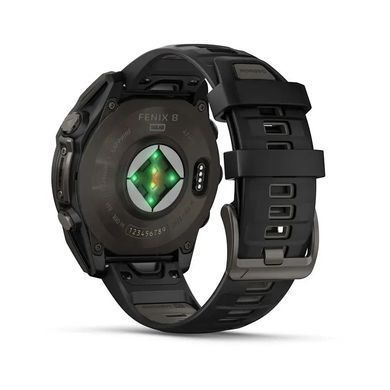 Смарт-годинник Garmin Fenix 8 &ndash; 47 мм, Solar Sapphire, титан з DLC-покриттям Carbon Gray та силіконовим ремінцем чорного/сірого кольору