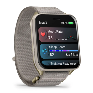 Смарт-часы Garmin Venu X1 золотистые с титановой задней крышкой и нейлоновым ремешком цвета французского серого