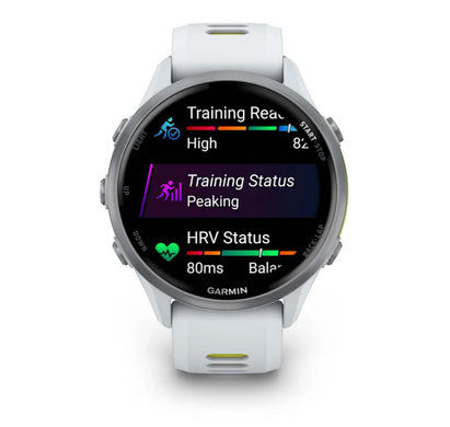 Смарт-годинник Garmin Forerunner 970 з титановим безелем, корпусом кольору білого каменю і біло-жовтим ремінцем