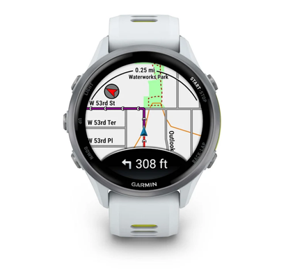 Смарт-годинник Garmin Forerunner 970 з титановим безелем, корпусом кольору білого каменю і біло-жовтим ремінцем