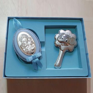 Срібна брязкальце слоненя і ікона Діва Марія для хлопчиків