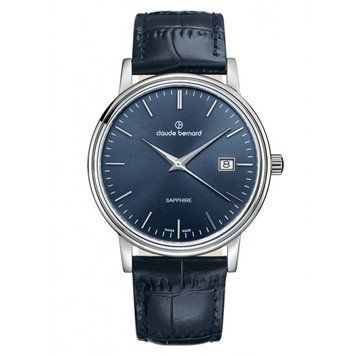 Часы наручные мужские Claude Bernard 53009 3 BUIN, кварцевые с датой, на кожаном синем ремешке