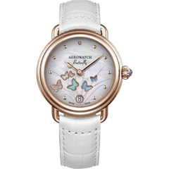 Часы наручные женские Aerowatch 44960 RO05 кварцевые с бабочками, на белом кожаном ремешке