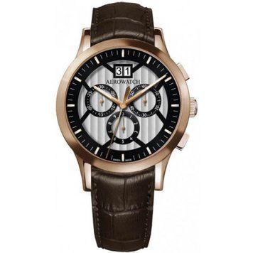 Годинники наручні чоловічі Aerowatch 80966 RO05, кварцовий хронограф і велика дата, коричневий шкіряний