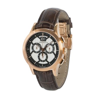 Часы наручные мужские Aerowatch 80966 RO05, кварцевый хронограф и большая дата, коричневый кожаный ремешок