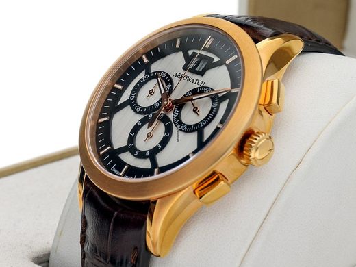 Годинники наручні чоловічі Aerowatch 80966 RO05, кварцовий хронограф і велика дата, коричневий шкіряний