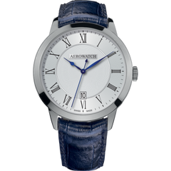 Годинники наручні чоловічі Aerowatch 42972 AA04 кварцові в сріблястому корпусі, синій ремінь з витисненої