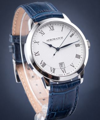 Часы наручные мужские Aerowatch 42972 AA04 кварцевые в серебристом корпусе, синий ремешок из тисненой кожи
