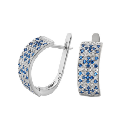 Серебряное кольцо узкий орнамент синие цветы на белом 17