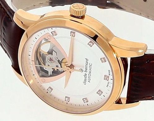 Часы наручные женские Claude Bernard 85018 37R AIR3, автоматика, открытый баланс, розовое покрытие PVD