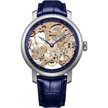 Годинники наручні чоловічі Aerowatch 57931 AA11, механіка з ручним заводом, скелетон, синій шкіряний ремінець