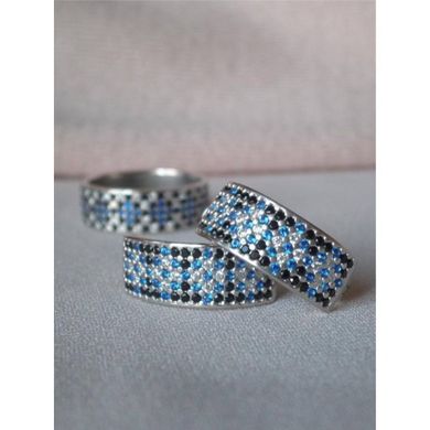 Серебряное кольцо узкий орнамент синие ромбы на черном 16.5