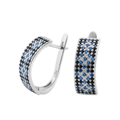 Серебряное кольцо узкий орнамент синие ромбы на черном 16.5