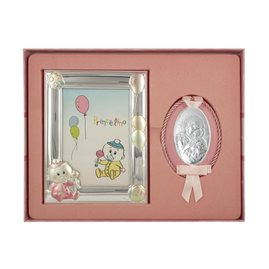 Набір дитячий срібний рамочка Пупсик і ікона Богородиця з немовлям