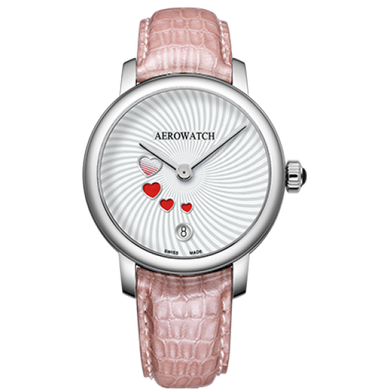Часы наручные женские Aerowatch 44938 AA20 кварцевые с сердцами, розовый кожаный ремешок
