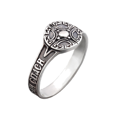 Серебряное кольцо печатка "Спаси и Сохрани" с орнаментом посередине