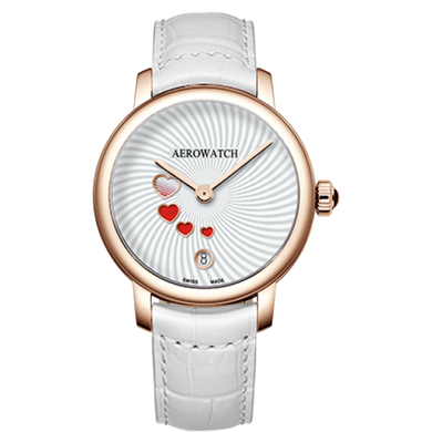 Часы наручные женские Aerowatch 44938 RO21 кварцевые с сердцами, на белом кожаном ремешке