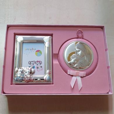 Набір дитячий срібний рамочка дві Мишки і ікона Богородиця з немовлям