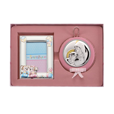 Набор детский серебряный рамочка две Мышки и икона Богородица с младенцем